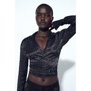 Zara Satin Tie Front Spotted Blouse Top